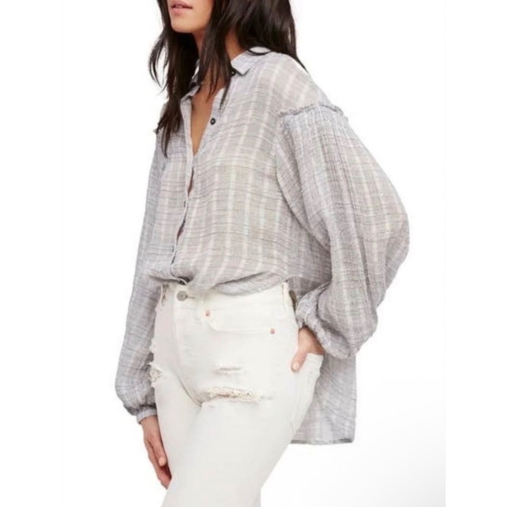 Free People We The Free Gray White Plaid Ruffle Balloon Sleeve Button Down Shirt